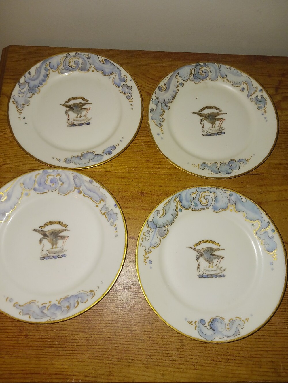 VintageHaviland White Porcelain Plates with Blue Scroll and Gold Trim - Set of 4